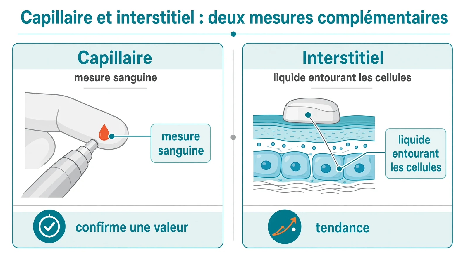 Comparaison schématique entre la piqûre au doigt qui mesure le sang et le capteur qui analyse le liquide interstitiel, le capteur indiquant la tendance et le lecteur confirmant la valeur.