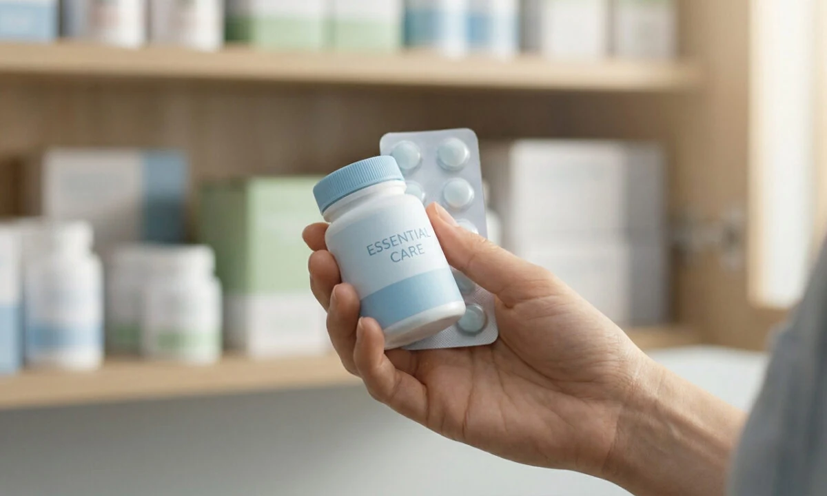 Une main tenant un flacon de médicaments et une plaquette de comprimés devant une étagère de pharmacie.