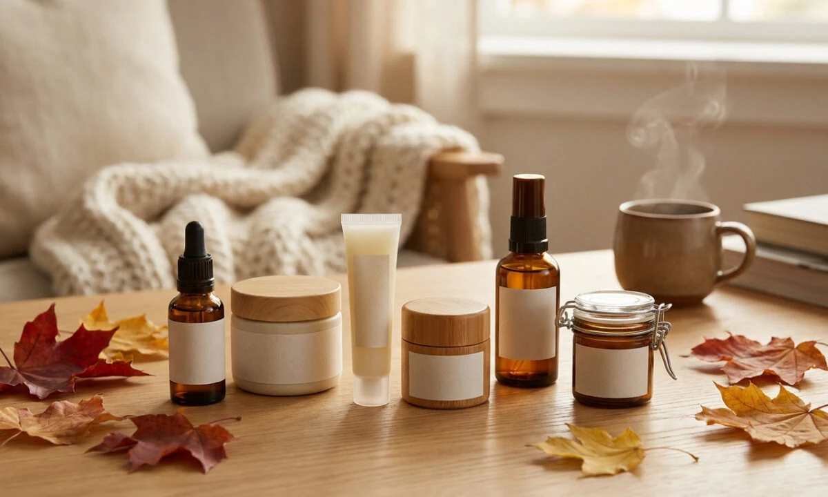 Produits de soin naturels et bougie sur une table en bois entourés de feuilles d'automne et d'une tasse fumante.