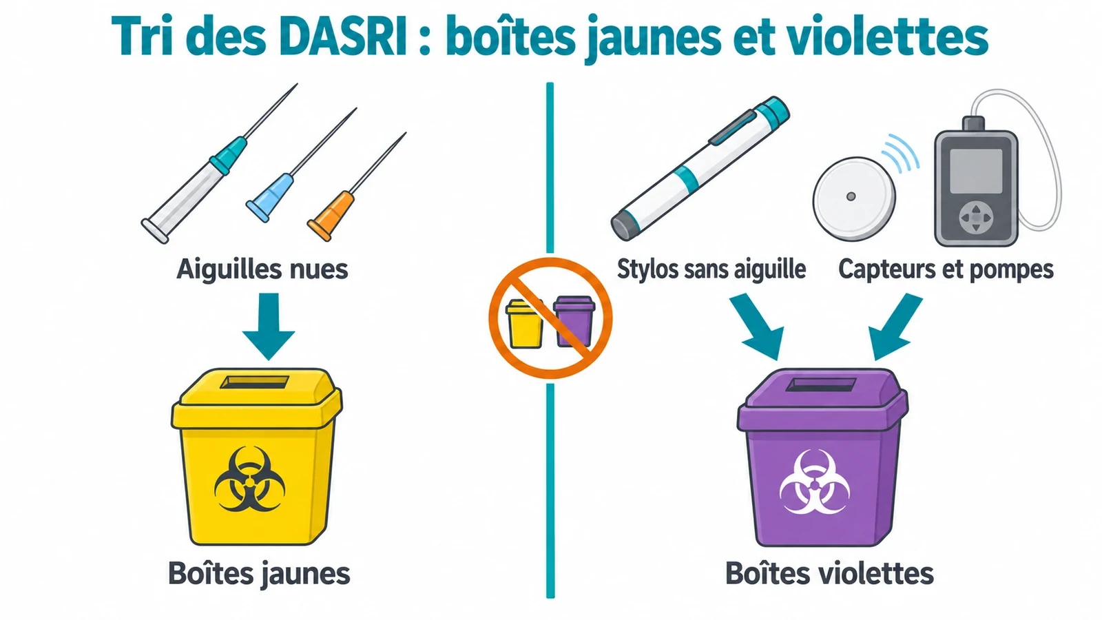 Deux colonnes de tri : aiguilles nues exclusivement en boîtes jaunes d'un côté, stylos sans aiguille, capteurs et pompes en boîtes violettes de l'autre, sans mélange.