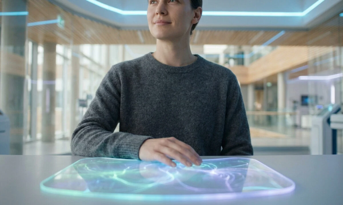 Une personne interagissant avec une interface holographique lumineuse sur une table dans un environnement technologique.