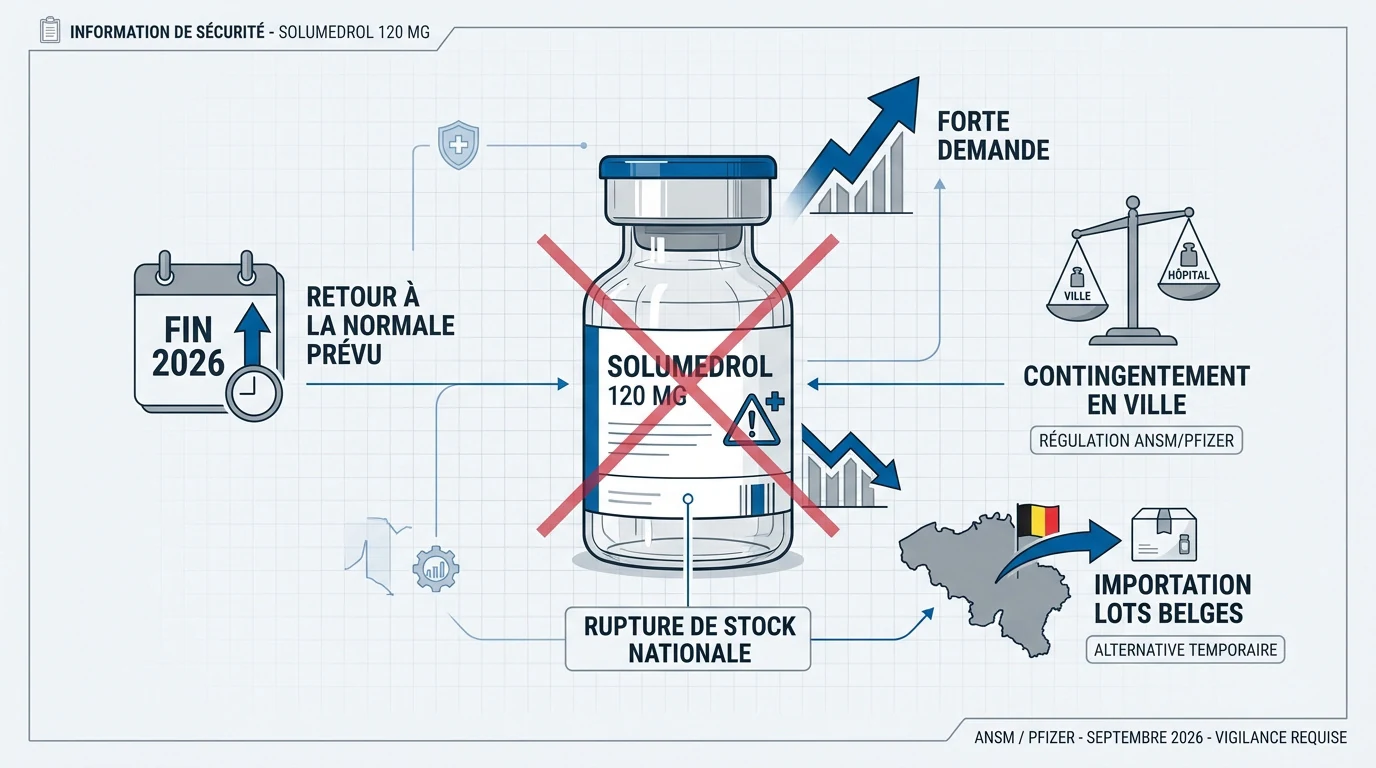 Infographie sur la rupture de Solumedrol 120mg et la solution d'importation belge