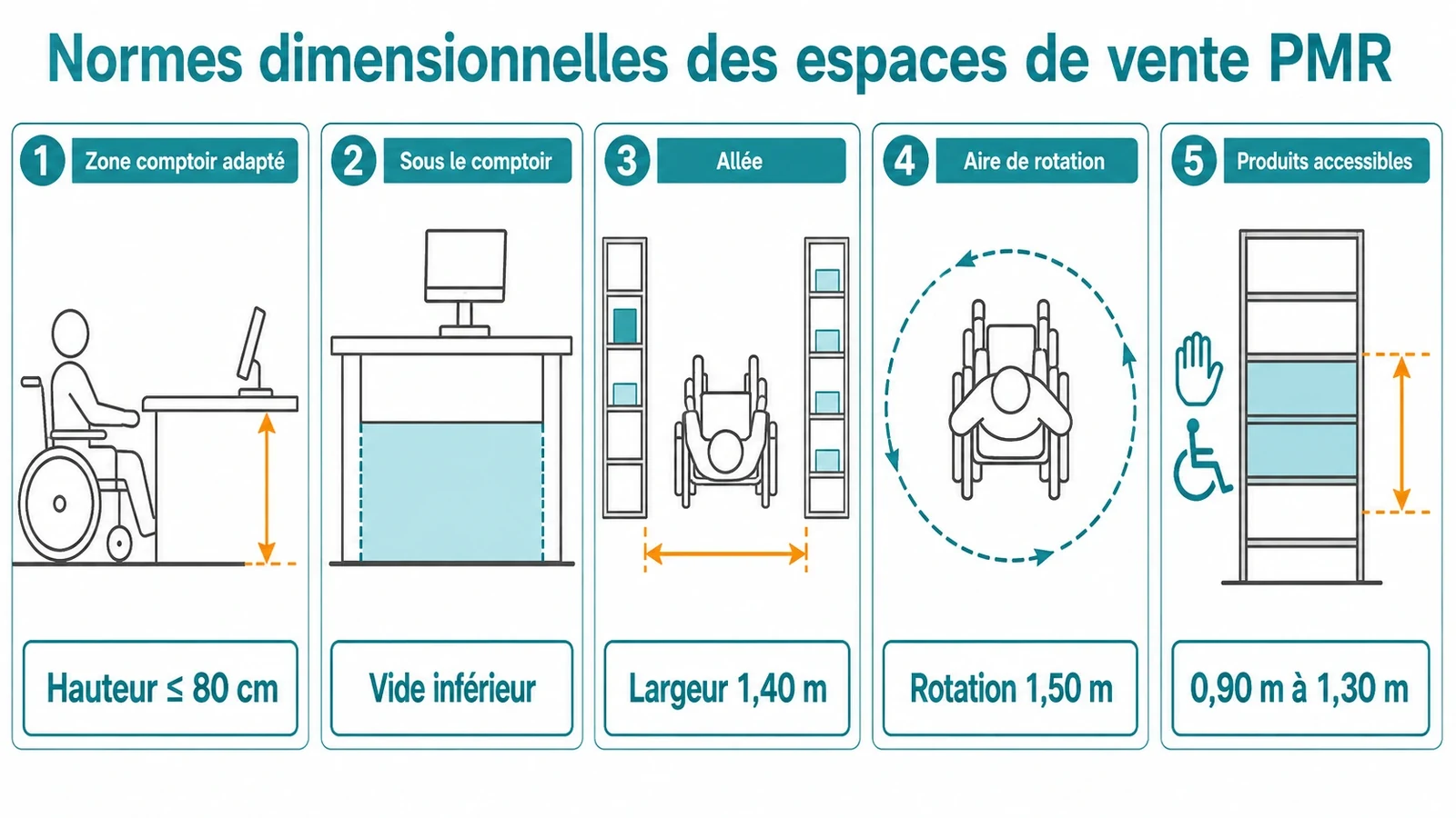 Schéma d'officine avec comptoir bas de 80 cm, espace pour jambes, allées de 1,40 m, zone de rotation de 1,50 m et produits entre 0,90 et 1,30 m.