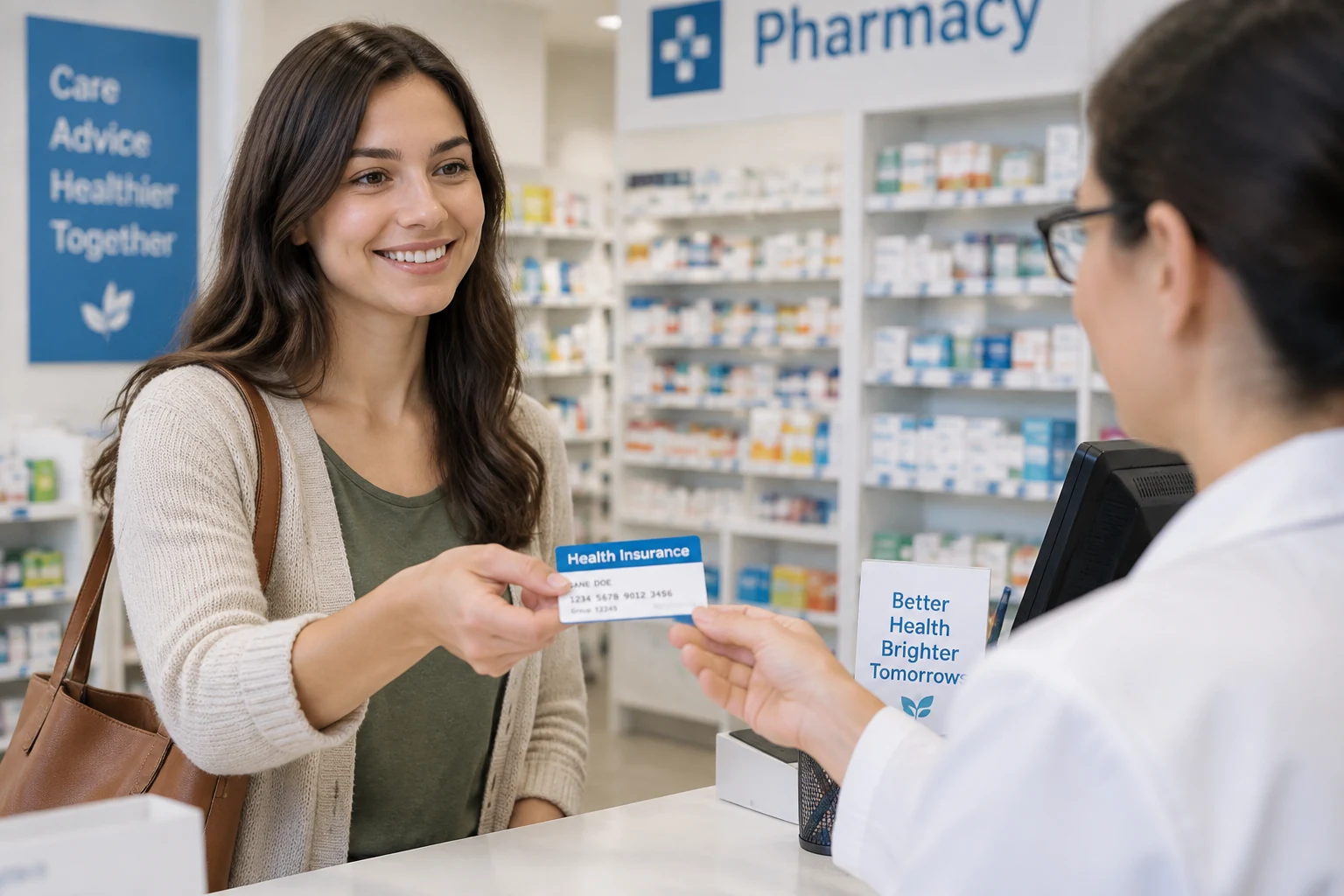 Une jeune femme présente sa carte Vitale au comptoir d'une pharmacie