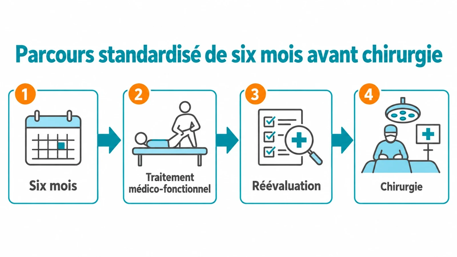 Progression linéaire en étapes du traitement conservateur de six mois, de la rééducation à la réévaluation puis à la chirurgie uniquement en cas d'échec