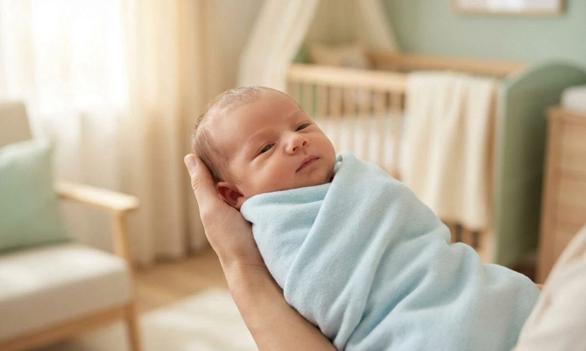 Un nouveau-né emmailloté dans une couverture bleue, porté avec tendresse par un parent dans une chambre d'enfant.