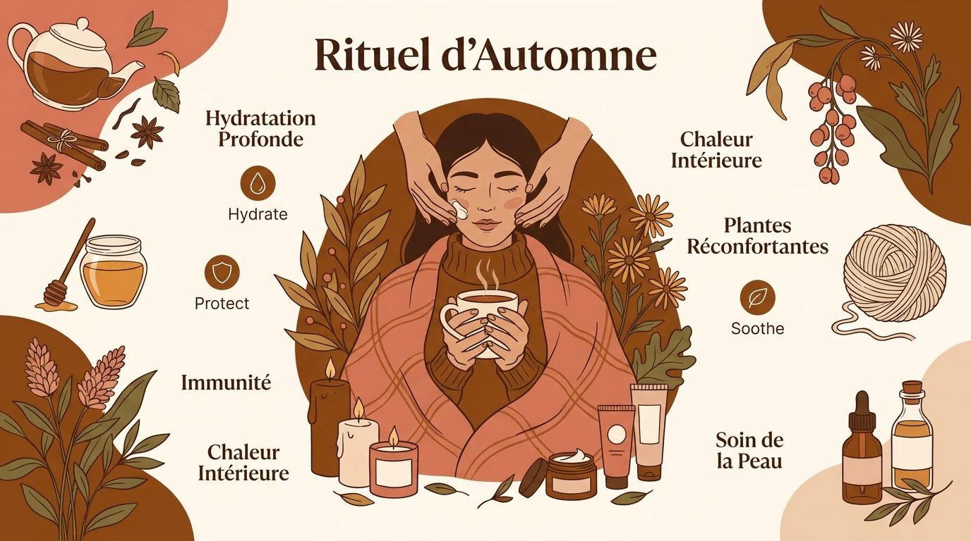 Rituel de soins automnaux avec produits hydratants et naturels pour zones sensibles
