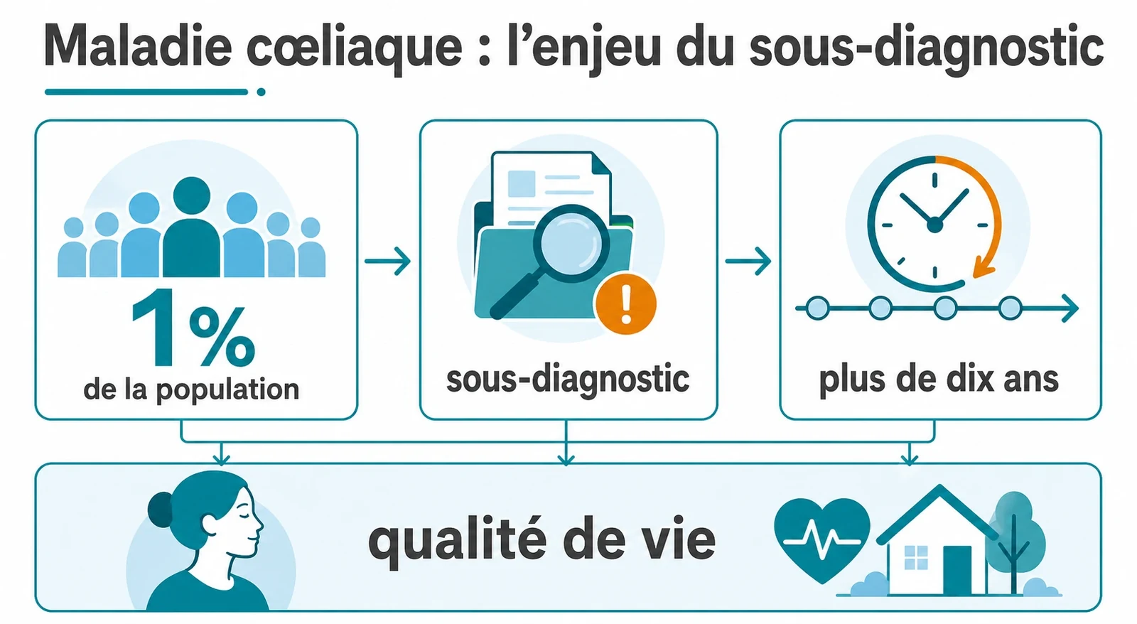 Tableau de bord synthétique montrant que la maladie cœliaque concerne environ 1% de la population, reste sous-diagnostiquée et peut entraîner une errance médicale de plus de dix ans.
