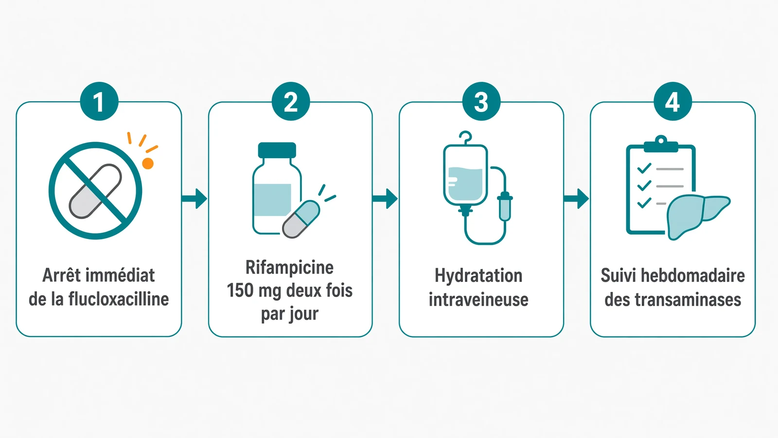 Séquence d'actions : arrêt du médicament, rifampicine, hydratation puis surveillance biologique hebdomadaire.