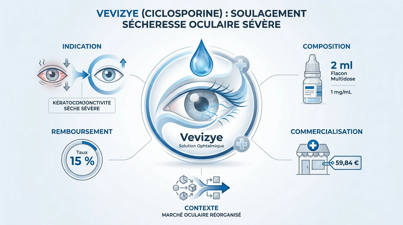 Flacon de collyre Vevizye pour le traitement de la sécheresse oculaire sévère