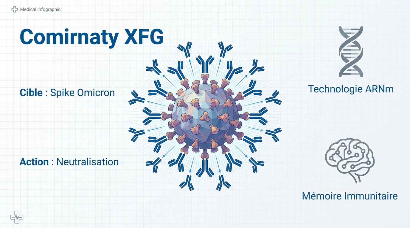 Schéma de neutralisation de la protéine Spike du variant Omicron par le vaccin Comirnaty XFG