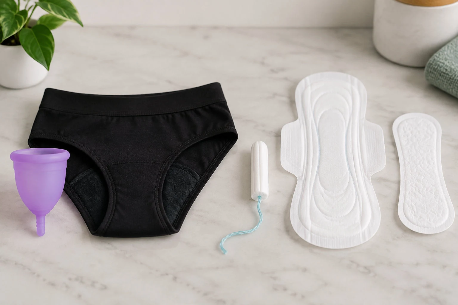 Une coupe menstruelle et une culotte réutilisables côtoient un tampon, une serviette jetable et un protège-slip.