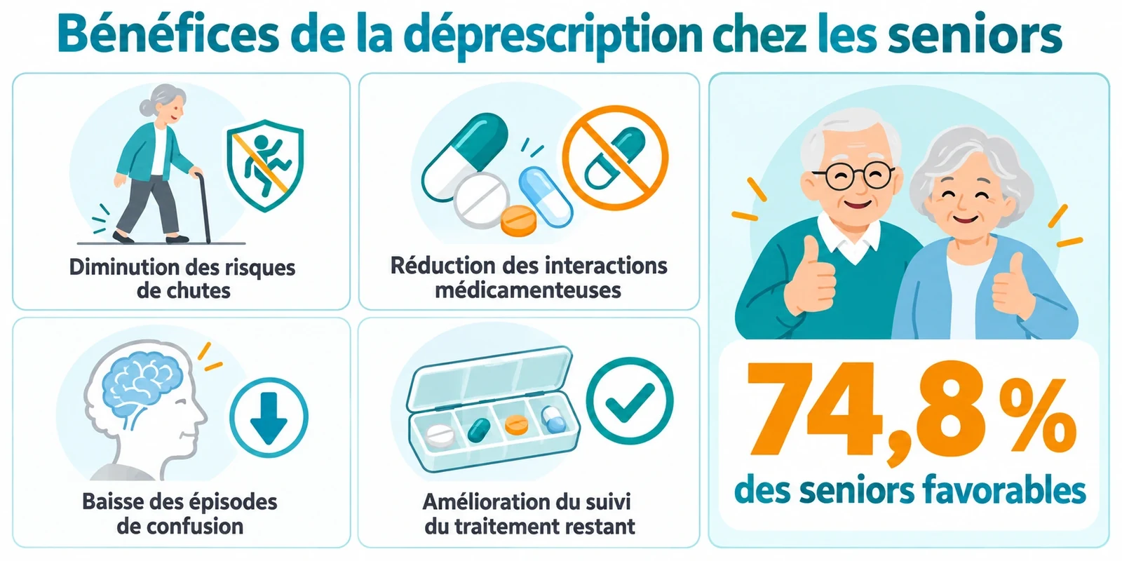 Grille de bénéfices de la déprescription : moins de chutes, moins d’interactions, moins de confusion, meilleur suivi, et 74,8 % des seniors favorables.