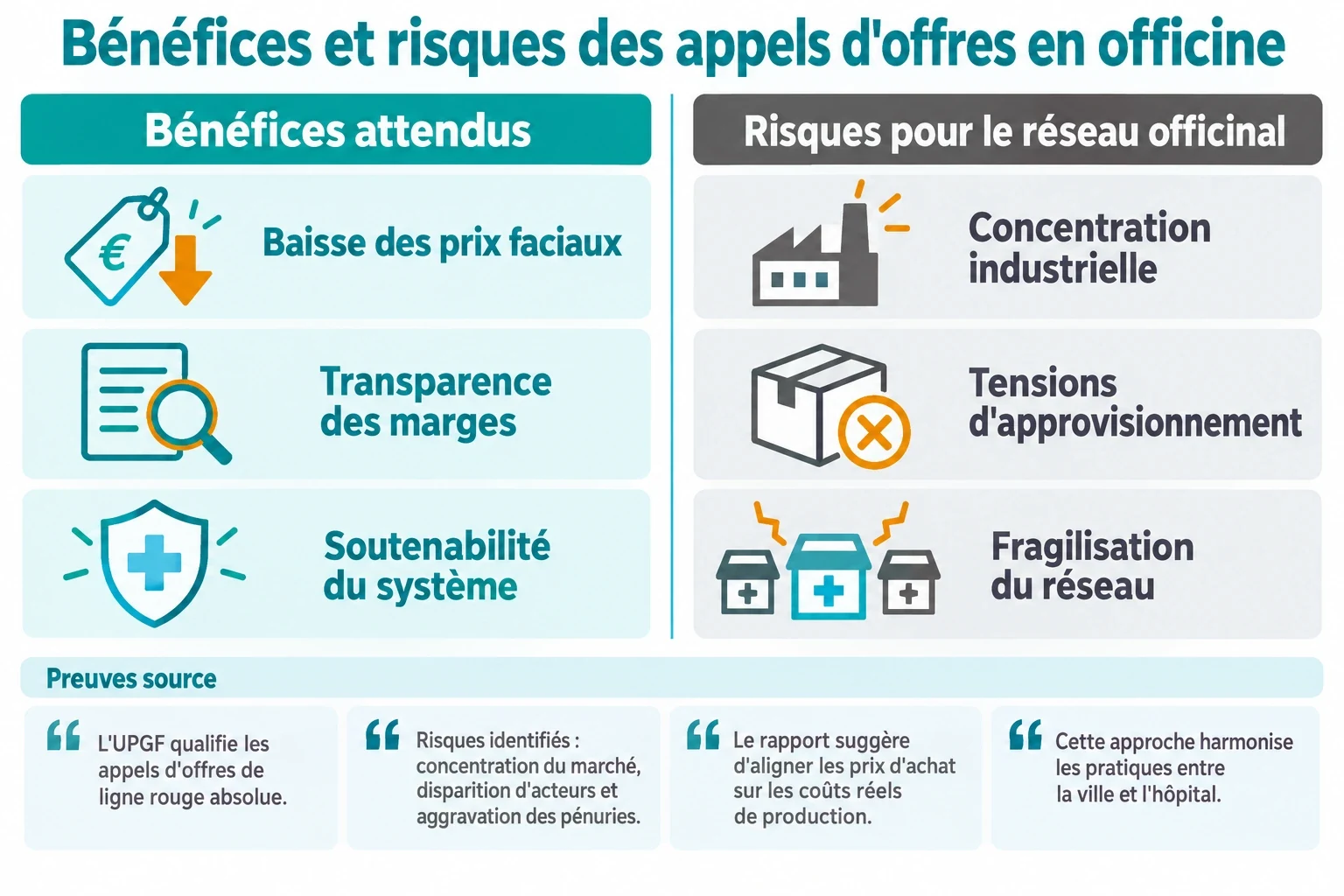 Comparaison en deux colonnes des trois bénéfices (baisse des prix faciaux, transparence des marges, soutenabilité) et des trois risques (concentration industrielle, tensions d'approvisionnement, fragilisation du réseau) liés aux appels d'offres en pharmacie de ville.