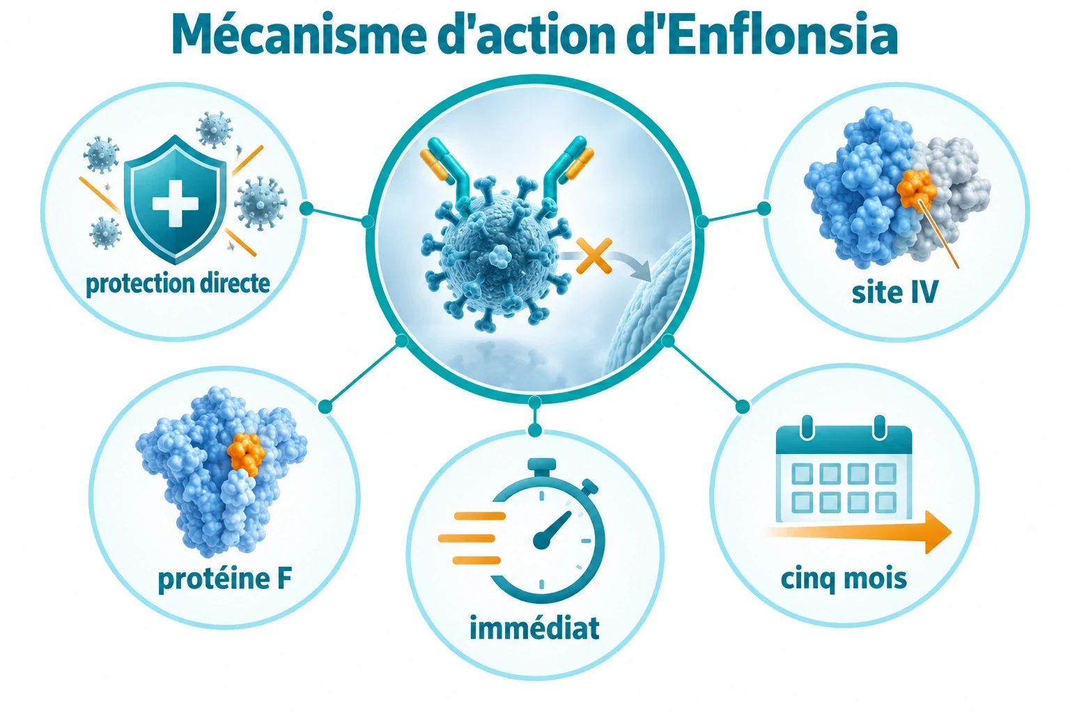 Schéma en étoile du clesrovimab ciblant le site IV de la protéine F pour une protection directe et immédiate durant cinq mois.