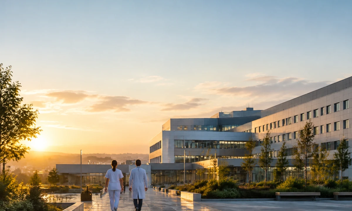 Deux professionnels de santé marchant vers un hôpital moderne au coucher du soleil.