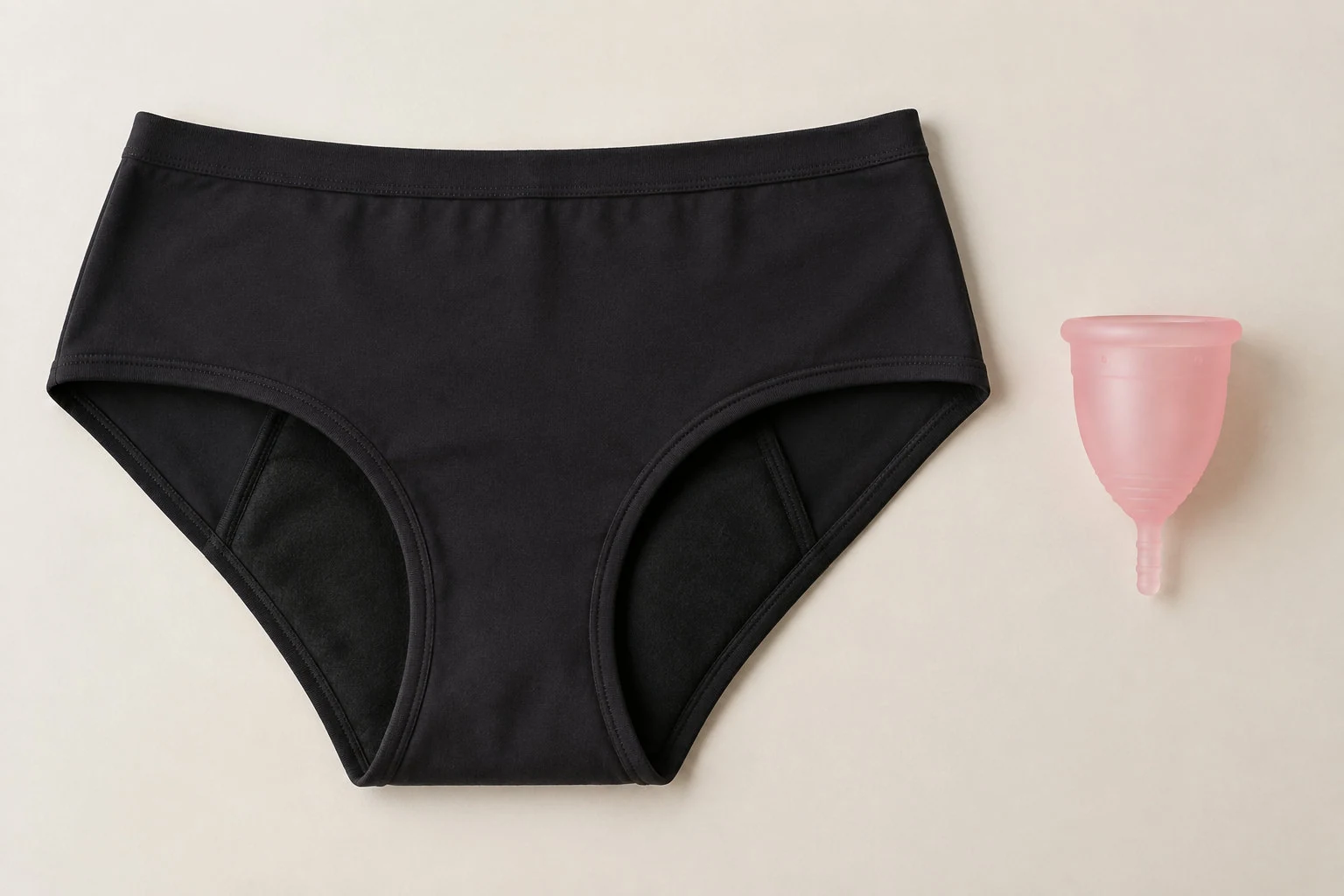 Une culotte menstruelle réutilisable et une coupe menstruelle sont présentées côte à côte.