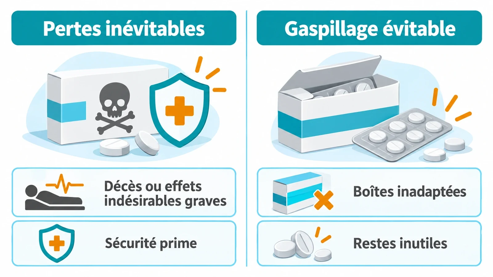 Schéma comparatif des pertes inévitables liées aux arrêts brutaux de traitement et des pertes évitables liées aux conditionnements inadaptés