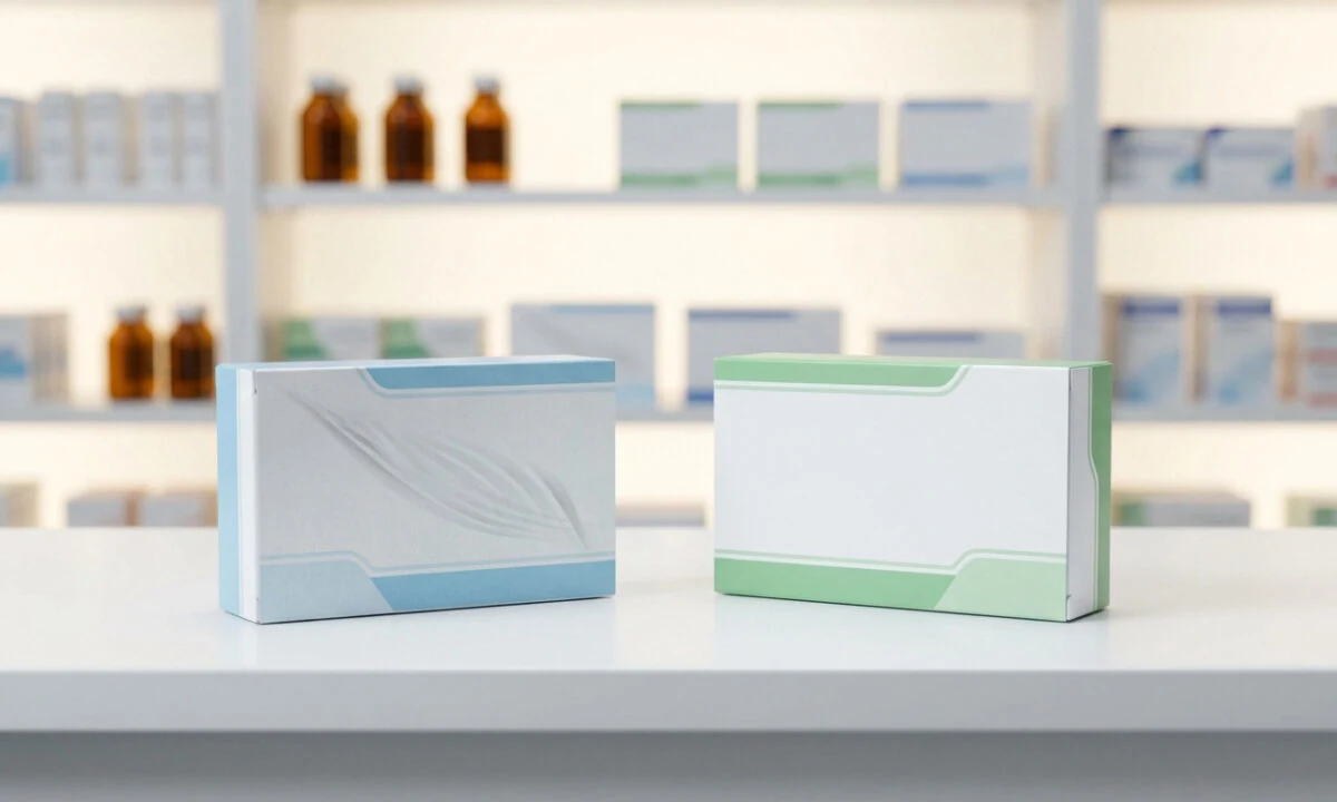 Deux boîtes de médicaments neutres sur un comptoir de pharmacie avec des étagères floues en arrière-plan.