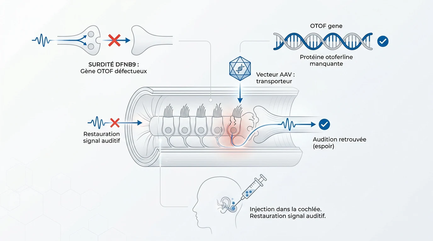 Illustration de la thérapie génique Otarmeni ciblant les cellules ciliées de la cochlée pour traiter la surdité DFNB9