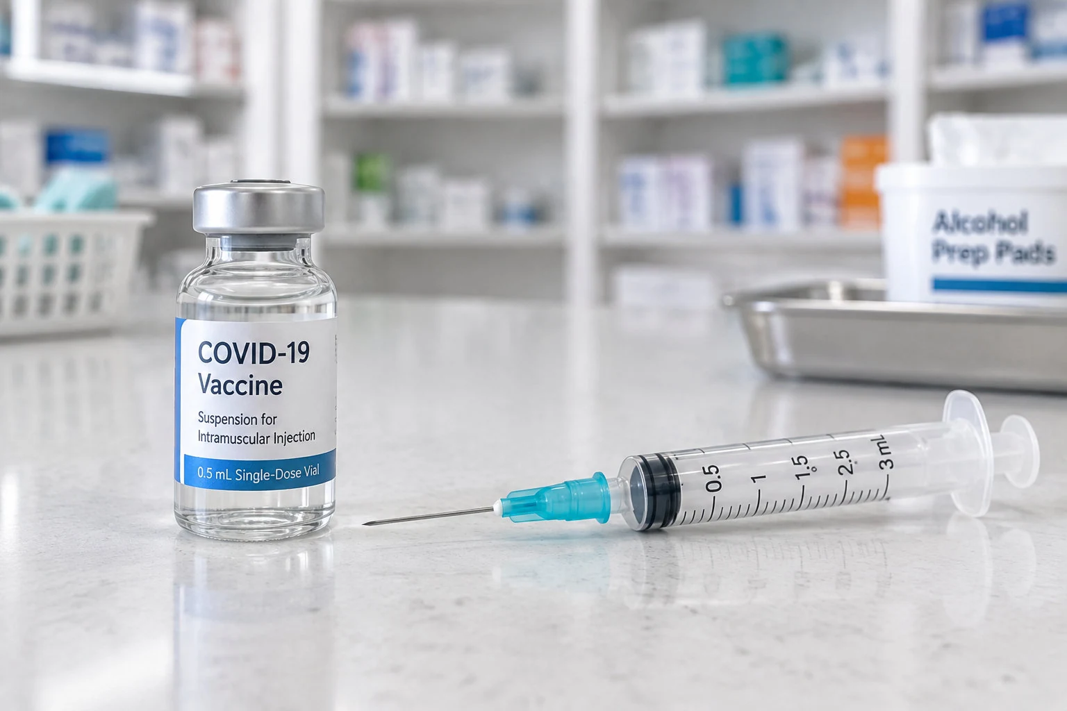 Un flacon de vaccin et une seringue préparée, présentés séparément sur un comptoir d’officine.