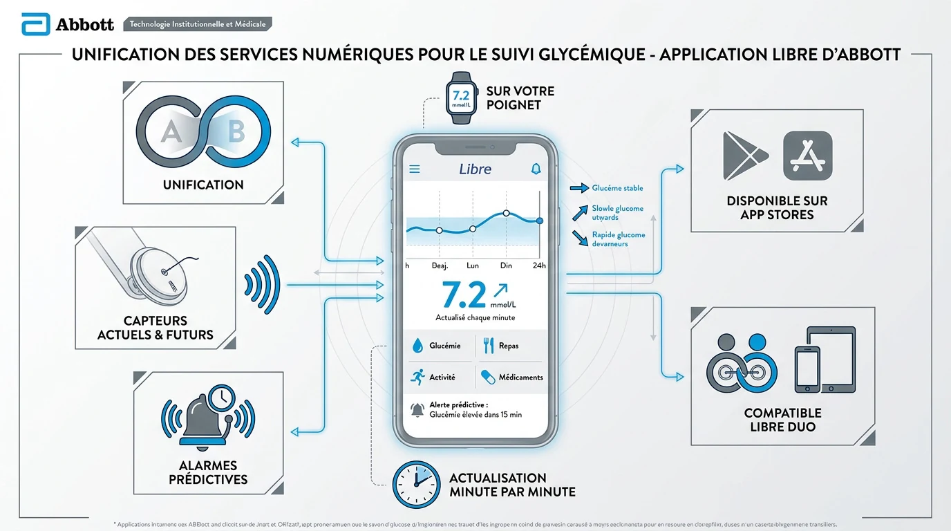 Interface de l'application Libre Abbott affichant le suivi glycémique sur smartphone